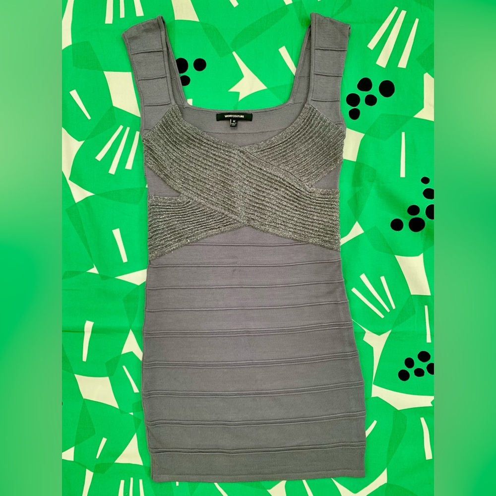 WOW Couture Banded Metallic Knit Tank Sleeveless Bodycon Mini Gray Dress